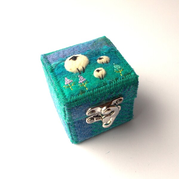 Keepsake Box. Teal and Purple Harris Tweed and Needle Felted Gift Featuring Miniature Sheep and Embroidered Flowers, Handmade in Scotland