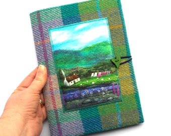 Reusable Notebook Cover, Handmade Gift, Harris Tweed With Sheep and Cottage Scene Printed on Velvet, A5 Plain or Lined Notebook Included