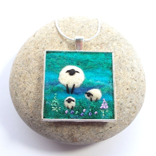 Sheep and Lambs Necklace, Needle Felted Teal Blue Square Pendant. Felt Art Jewellery. Handmade in Scotland.