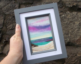 Original Soft Pastel Art Picture. Little Beach All To Yourself. Scottish Seascape. 6 x 4 inch. Grey Frame.