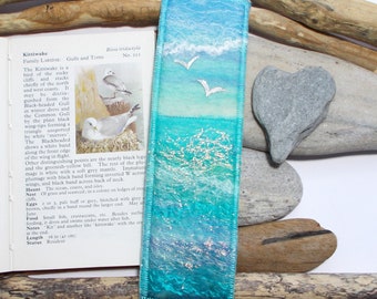 Felt Seascape Bookmark with Sparkling Waves and Gulls. Keepsake Book Marker. Handmade in Scotland