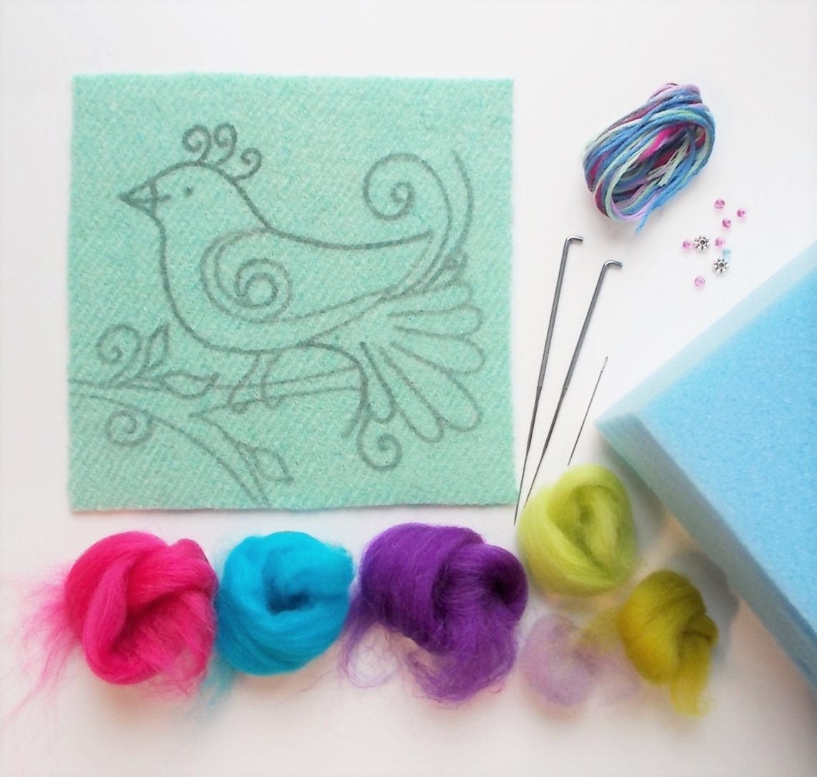 Kit Needle Felted Picture Kit Bird 2D Flat Dry Felting Etsy