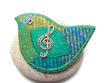 Bird Brooch Pin with Treble Clef Motif in Lime Green and Teal Plaid Tartan Harris Tweed. Handmade Scottish Gift for Singer or Musician.
