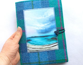 North Beach Iona Reusable Notebook Cover. Harris Tweed and Artwork Printed on Velvet. A5 Plain or Lined Notebook Included.