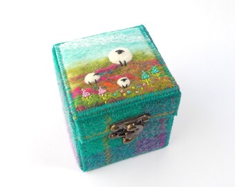 Keepsake Trinket Box made with Harris Tweed and Needle Felted Wool Featuring Miniature Sheep. Purple and Turquoise. Handmade in Scotland.