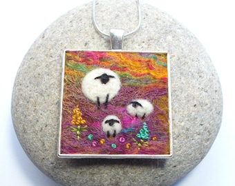 Sheep and Lambs Necklace, Needle Felted Square Pendant. Felt Art Jewellery. Handmade in Scotland.