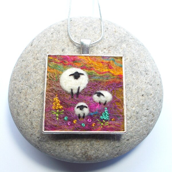 Sheep and Lambs Necklace, Needle Felted Square Pendant. Felt Art Jewellery. Handmade in Scotland.