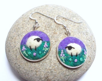 Embroidered Felt Sheep Earrings, Needle Felted Wool in Purple and Green. Handmade in Scotland, Gift Box Included.