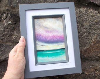 Original Soft Pastel Art Picture. Purple Cloud Over Turquoise Sea. Scottish Seascape. 6 x 4 inch. Grey Frame.