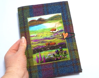 Highland Cow Harris Tweed Notebook, A5 Journal with Velvet Artwork