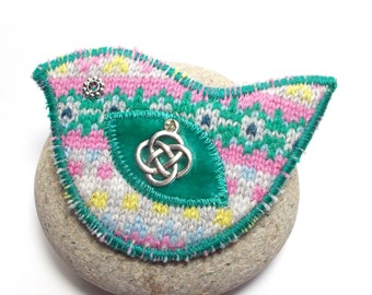 Fairisle Bird Brooch with Celtic Knoot. Pink and Turquoise Pin. Felted Knit Fabric Gift. Handmade in Scotland