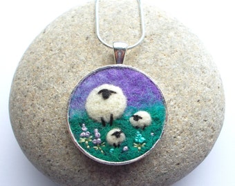 Sheep and Lambs Necklace, Needle Felted Round Pendant. Felt Art Jewellery. Purple and Green. Handmade in Scotland.