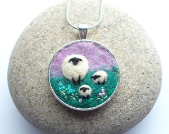 Sheep and Lambs Necklace, Needle Felted Round Pendant. Felt Art Jewellery. Pink and Green. Handmade in Scotland.