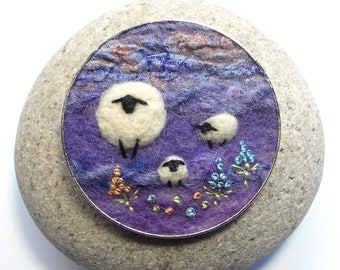 Sheep and Lambs Brooch, Needle Felted Wool in Lilac and Purple Shades with Embroidered Flowers. Handmade in Scotland. 5 cm Round