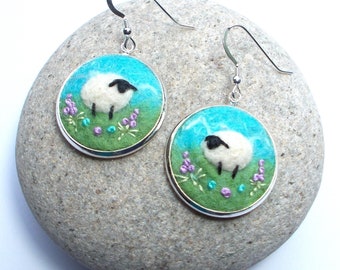 Embroidered Felt Sheep Earrings, Needle Felted Turquoise Blue and Green Wool. Handmade in Scotland, Gift Box Included.