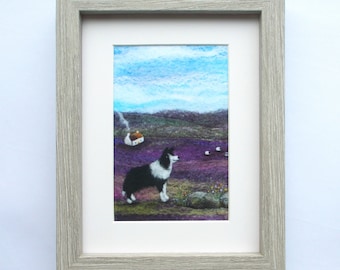 Border Collie Sheep Dog Framed Textile Open Edition Print, Scottish Artwork Printed on Velvet, 4 x 6 inch image in a 7 x 9 inch Frame.