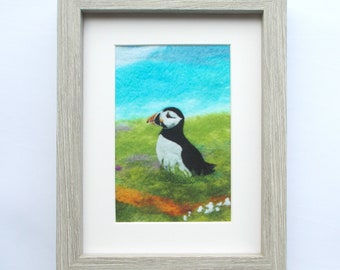 Puffin Framed Textile Open Edition Print, Scottish Artwork Printed on Velvet, 4 x 6 inch image in a 7 x 9 inch Frame.