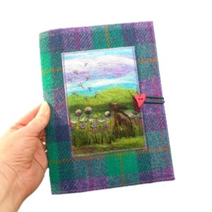 Harris Tweed A5 Notebook Cover, Hare and Wildflowers, Handmade in Scotland