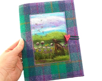 Harris Tweed A5 Notebook Cover, Hare and Wildflowers, Handmade in Scotland