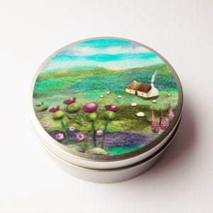 Scottish Thistle Tin, Small Round Storage Box with Cottage and Sheep Scene Vinyl Print Lid