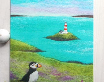 Puffin and Lighthouse Card, Scottish Art, Printed A6 Greetings Card, Blank with Envelope.