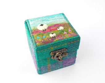 Keepsake Trinket Box made with Harris Tweed and Needle Felted Wool Featuring Miniature Sheep. Purple and Turquoise. Handmade in Scotland.