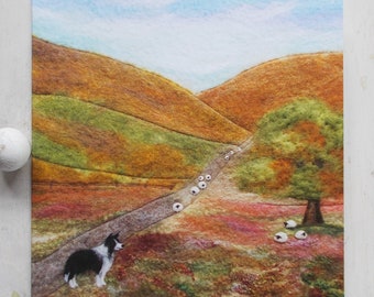 Border Collie Sheep Card, Handmade Felt Picture, Blank Inside