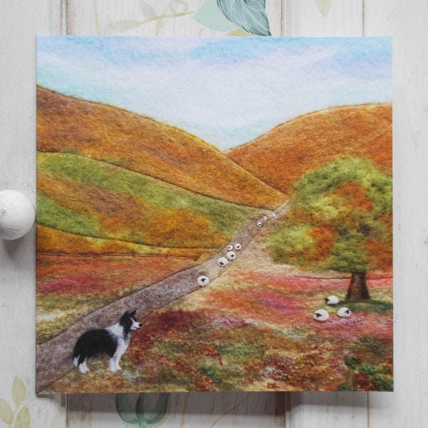 Border Collie Sheep Dog Card, Printed Card featuring 'Gathering The Flock' Scene, Square, Blank, Envelope Included.