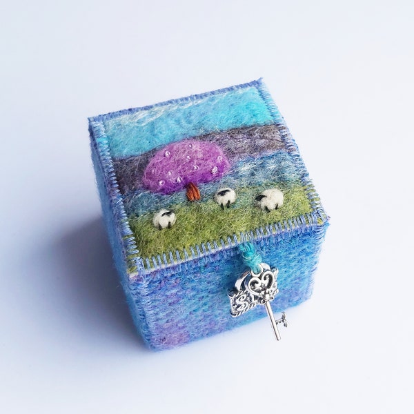 Keepsake Box made with Handmade Felt and Blue Plaid Harris Tweed with Blossom Tree and Sheep. Handmade in Scotland.