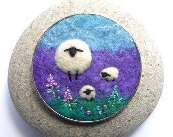 Sheep and Lambs Brooch, Needle Felted Wool in Purple and Turquoise Blue Shades with Embroidered Flowers. Handmade in Scotland. 5 cm Round