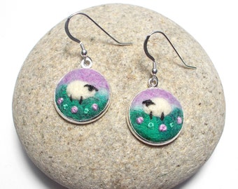 Needle Felted Sheep Earrings, Lilac and Green, Wool Felt and Embroidery, Handmade in Scotland