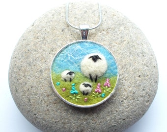 Sheep and Lambs Necklace, Sky Blue and Green Needle Felted Round Pendant. Felt Art Jewellery. Handmade in Scotland.