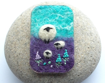 Felt Sheep Brooch, Needle Felted Pin in Sky Blue and Purple Shades. Handmade in Scotland,