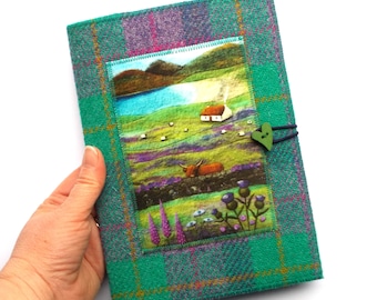Highland Cow Harris Tweed Reusable Notebook Cover, Handmade with Artwork Printed on Velvet, A5 Plain or Lined Paper Notebook Included