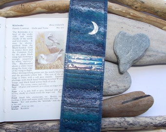 Crescent Moon Bookmark, Felt Fabric Seascape with Shimmering Horizon and Stormy Night Sky.  Keepsake Book Marker. Handmade in Scotland