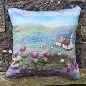 Scottish Thistles Cushion, Throw Pillow with Cottage and Sheep Design Printed on Faux Suede. image 1