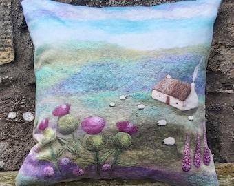 Scottish Thistles Cushion, Throw Pillow with Cottage and Sheep Design Printed on Faux Suede.