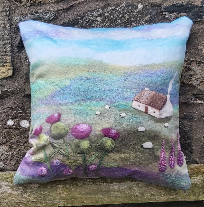 Scottish Thistles Cushion, Throw Pillow with Cottage and Sheep Design Printed on Faux Suede. image 1