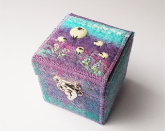 Keepsake Trinket Box made with Harris Tweed and Needle Felted Wool Featuring Miniature Sheep. Purple and Turquoise. Handmade in Scotland.