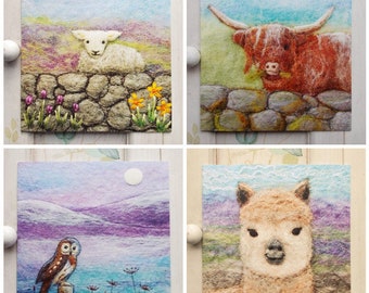Set of Four Printed Scottish Art Cards Featuring Little Lamb, Alpaca, Highland Cow and Tawny Owl, Blank with Envelopes. Any Occasion