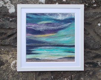 Last Light, Original Felt Art Seascape Picture, Pink, Wool Painting in Blue Shades, Framed Wall Hanging. Handmade in Scotland.