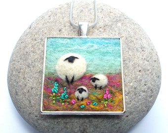 Sheep and Lambs Necklace, Needle Felted Square Pendant. Felt Art Jewellery. Handmade in Scotland.