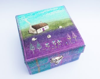 Keepsake Box with Cottage and Sheep. Handmade in Scotland with Felt and Harris Tweed. Needle Felted Embroidered Lid and Latch Hook Clasp