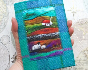 Passport Cover or Reusable Notebook Sleeve Harris Tweed with Cottage and Sheep Design, Handmade, A6 Plain or Lined Paper Notebook Included