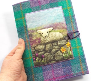 Reusable Covered Notebook, Handmade Harris Tweed Gift With Sheep Artwork Printed on Velvet, A5 with Plain or Lined Paper Notebook Included