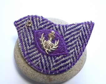 Scottish Thistle Bird Brooch, Purple Herring Bone Harris Tweed Pin. Handmade in Scotland