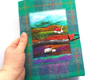 Reusable Harris Tweed Notebook Cover, Handmade Gift with Cottage and Sheep Artwork Printed on Velvet, A5 with Plain/Lined Notebook Included