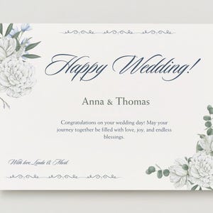 Carte de voeux de mariage floral bleu marine crème à imprimer, téléchargement immédiat, personnaliser le modèle de carte de voeux de mariage, fête de mariage