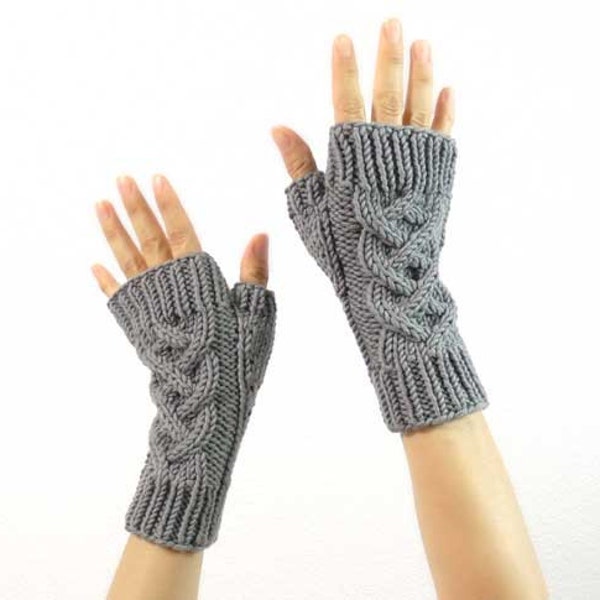 Last Pair: Celtic Cable Fingerless Mitts in Gray Cashmere Merino