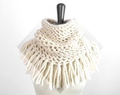 Baby Alpaca Soft Infinity Fringe Scarf / Snood. Hand Knit. Porcelain / Ivory. Romantic / Boho. Handmade in France.